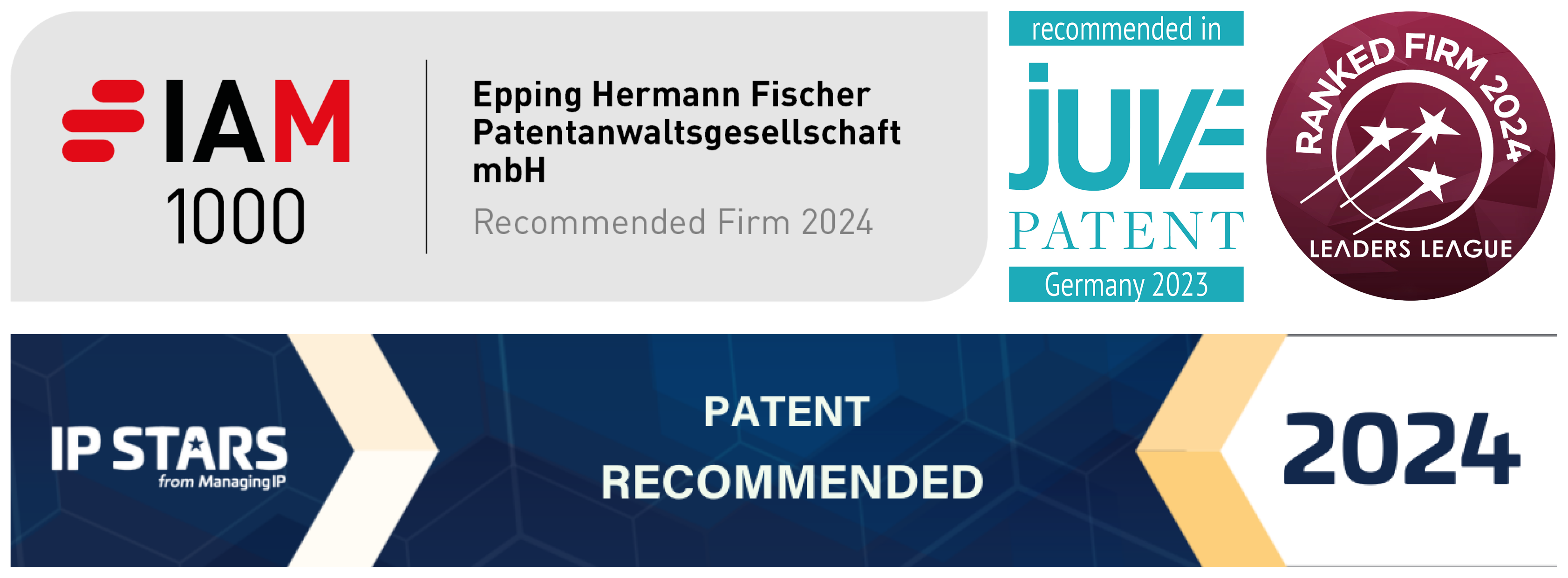 Ranking Logos: EHF Recommended Firm in IAM1000, JUVE Patent, Leaders League and IP Stars