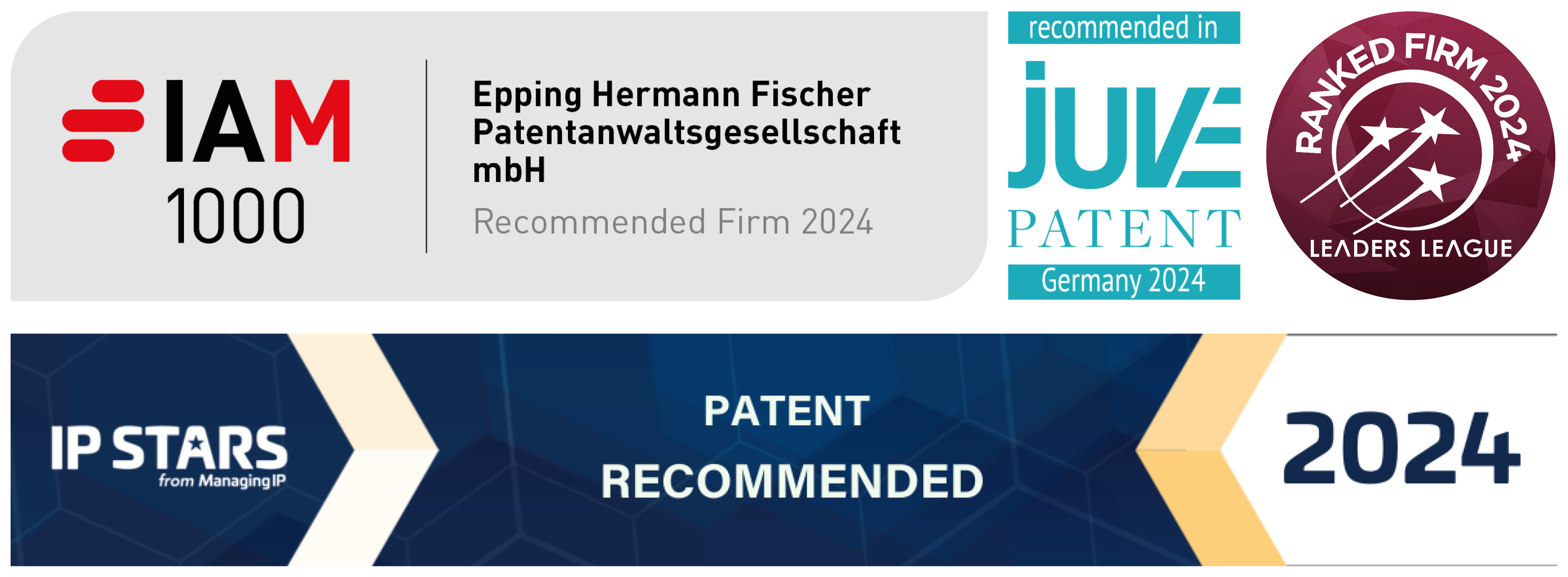 Ranking Logos: EHF Recommended Firm in IAM1000, JUVE Patent, Leaders League und IP Stars